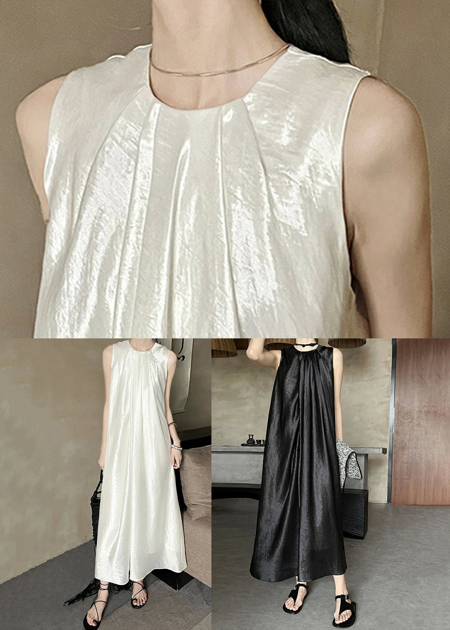 O Beige Sleeveless Dresses Long Solid Silk Neck French FashionChic