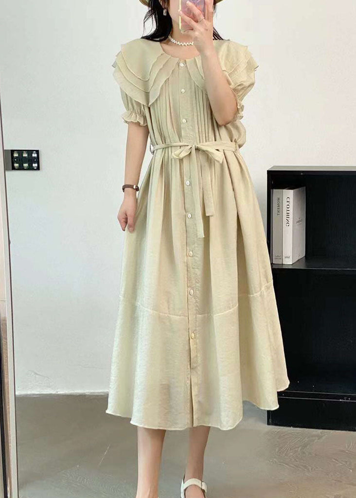 French Beige Peter Pan Collar Wrinkled Cotton Dresses Summer AP028 GK-SDL240718