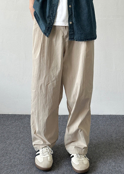 Cotton Pants Beige Waist Mens Elastic Pockets French Summer Solid FashionChic