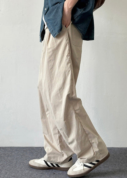 Cotton Pants Beige Waist Mens Elastic Pockets French Summer Solid FashionChic