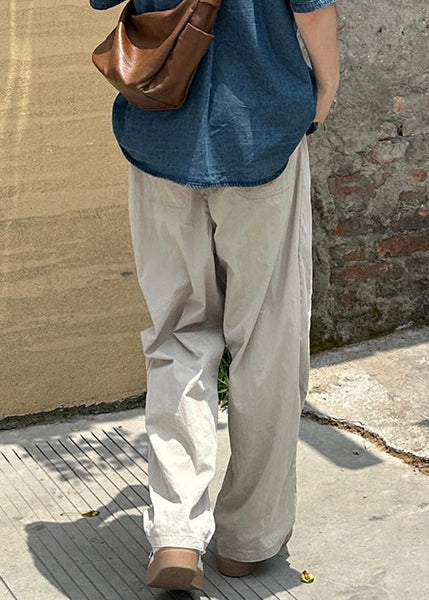 Cotton Pants Beige Waist Mens Elastic Pockets French Summer Solid FashionChic