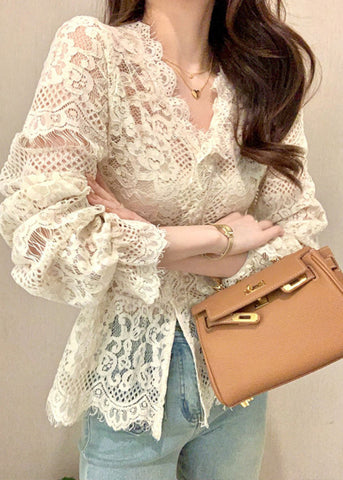 Button Out Ruffled Spring Lace Tops French Hollow Beige FashionChic