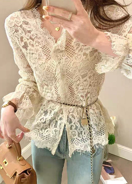 Button Out Ruffled Spring Lace Tops French Hollow Beige FashionChic