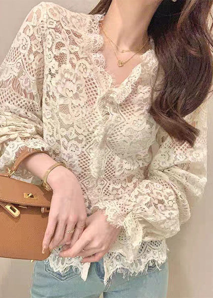 Button Out Ruffled Spring Lace Tops French Hollow Beige FashionChic