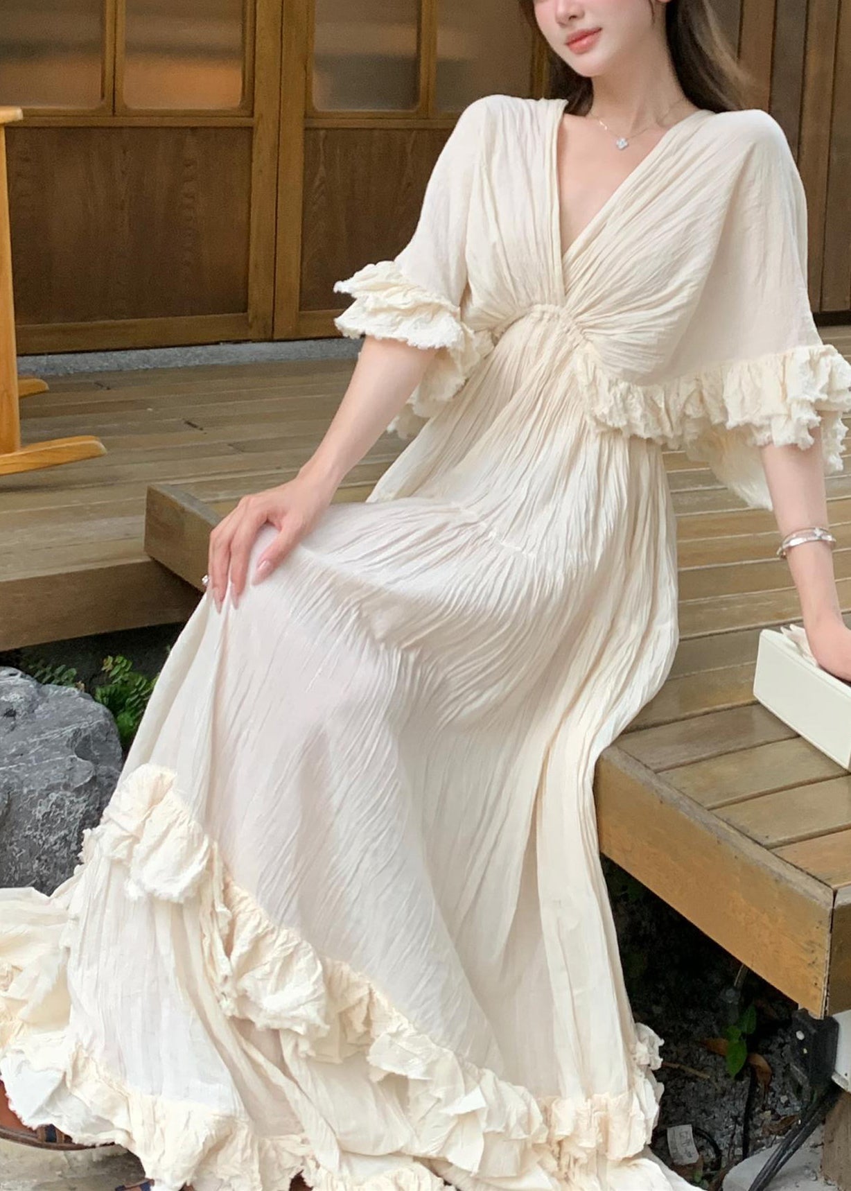 Cotton Dresses Beige Summer Ruffled Patchwork Long French FashionChic