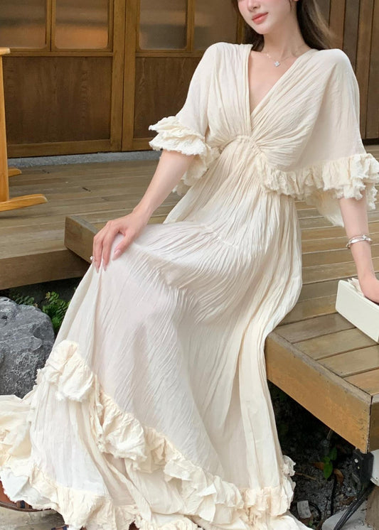 Cotton Dresses Beige Summer Ruffled Patchwork Long French FashionChic