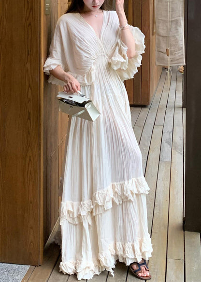 Cotton Dresses Beige Summer Ruffled Patchwork Long French FashionChic