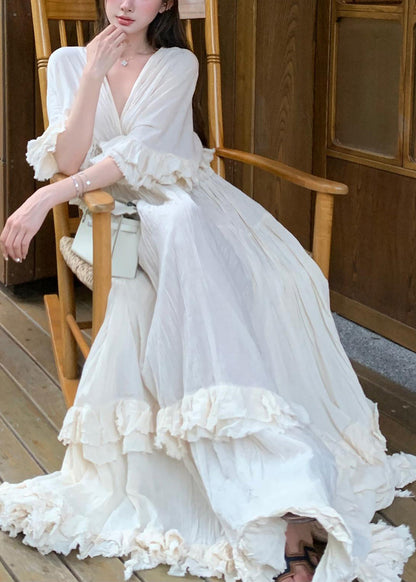 Cotton Dresses Beige Summer Ruffled Patchwork Long French FashionChic