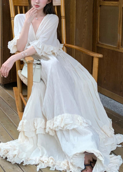 Cotton Dresses Beige Summer Ruffled Patchwork Long French FashionChic