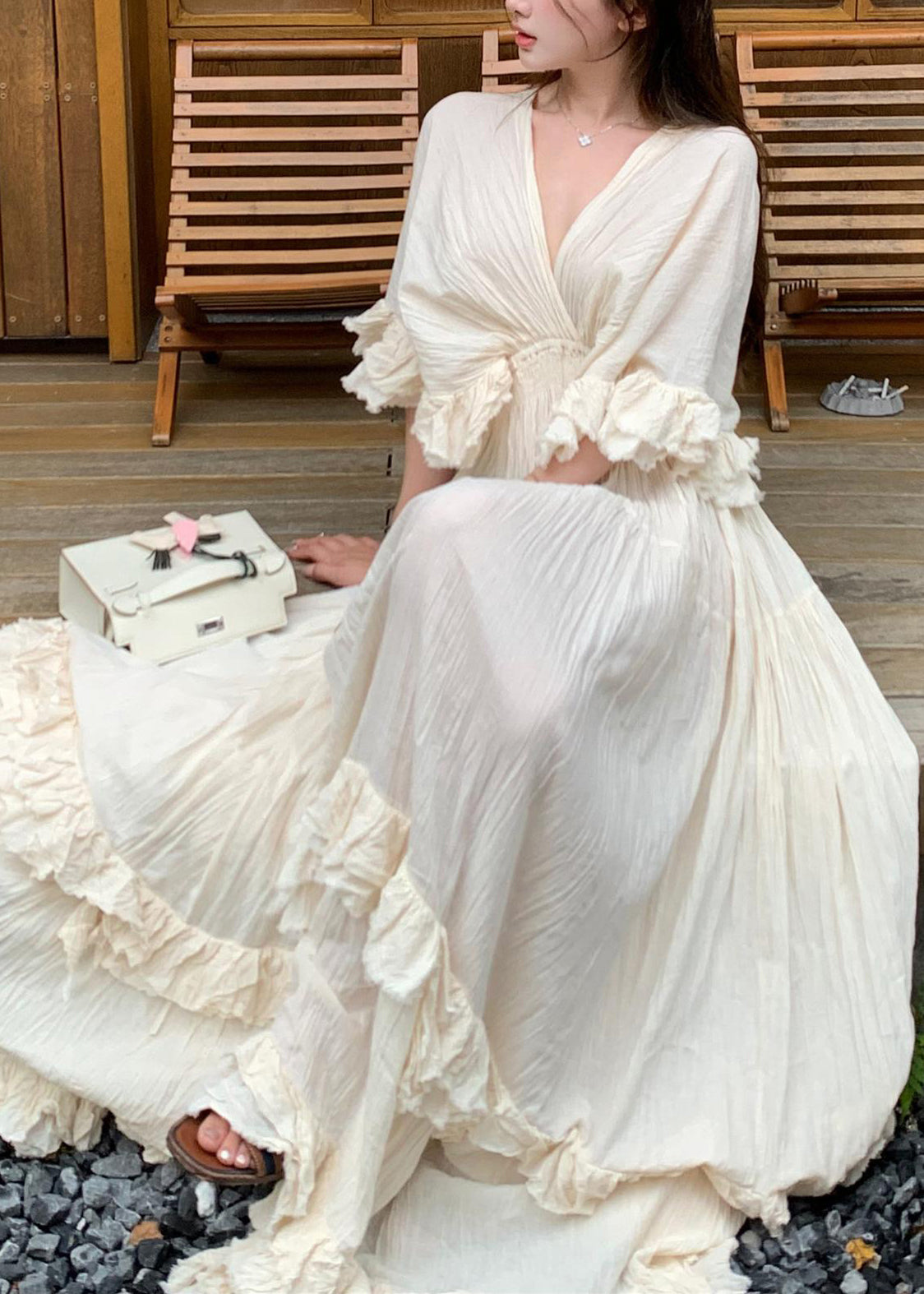 Cotton Dresses Beige Summer Ruffled Patchwork Long French FashionChic