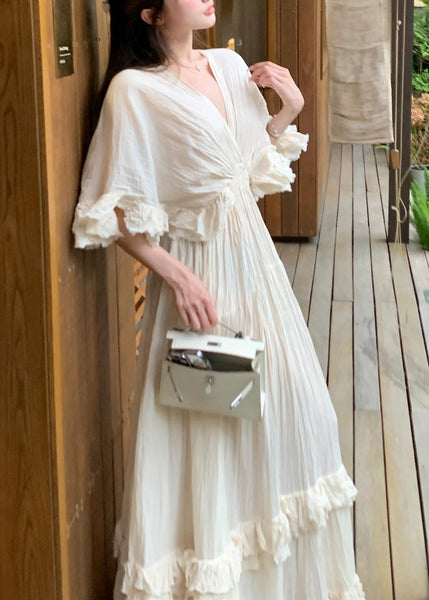 Cotton Dresses Beige Summer Ruffled Patchwork Long French FashionChic