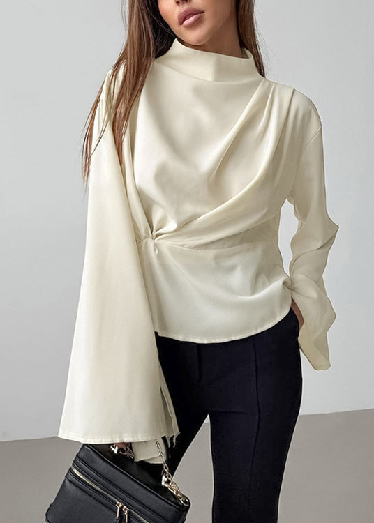 Chiffon Neck Irregular Sleeves Semi French High Long Shirt Beige FashionChic