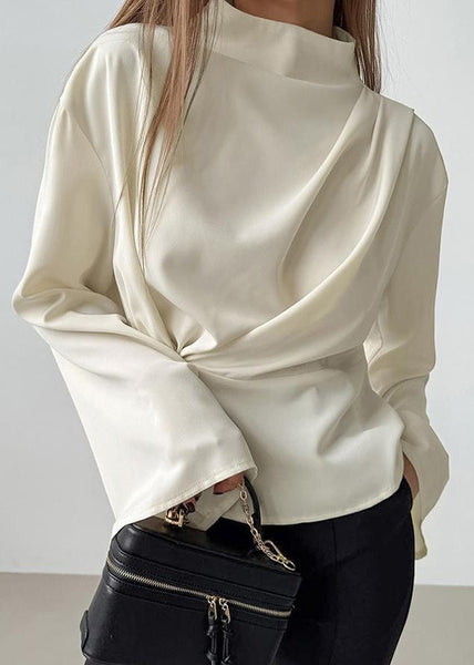 Chiffon Neck Irregular Sleeves Semi French High Long Shirt Beige FashionChic
