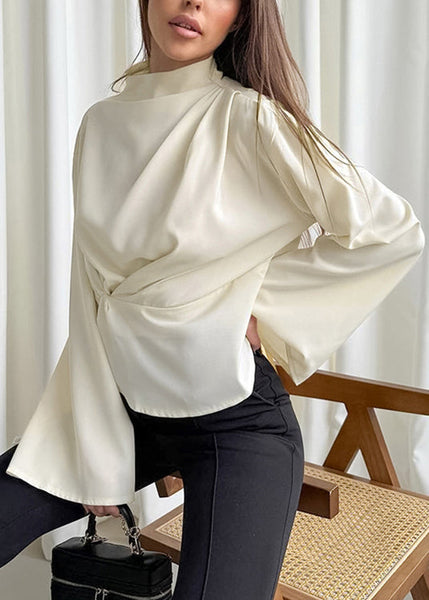 Chiffon Neck Irregular Sleeves Semi French High Long Shirt Beige FashionChic