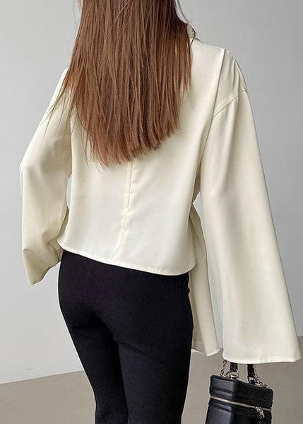 Chiffon Neck Irregular Sleeves Semi French High Long Shirt Beige FashionChic