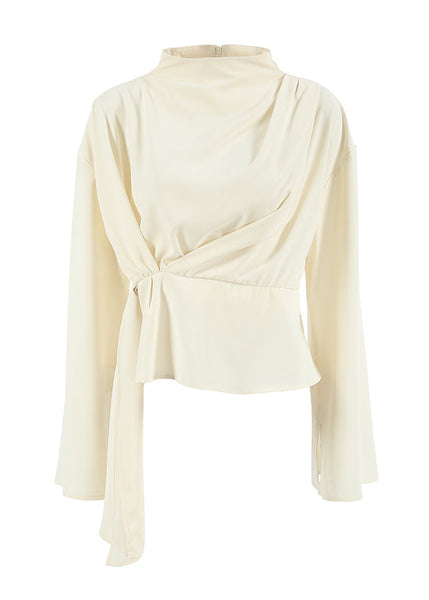 Chiffon Neck Irregular Sleeves Semi French High Long Shirt Beige FashionChic