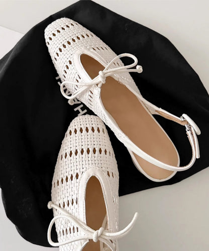 Out Hollow French Bow Beige Sheepskin Sandals Splicing FashionChic