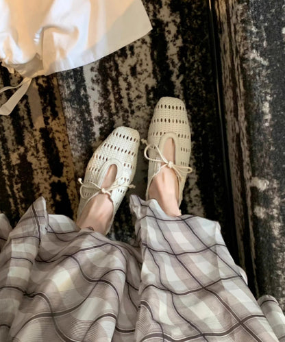 Out Hollow French Bow Beige Sheepskin Sandals Splicing FashionChic