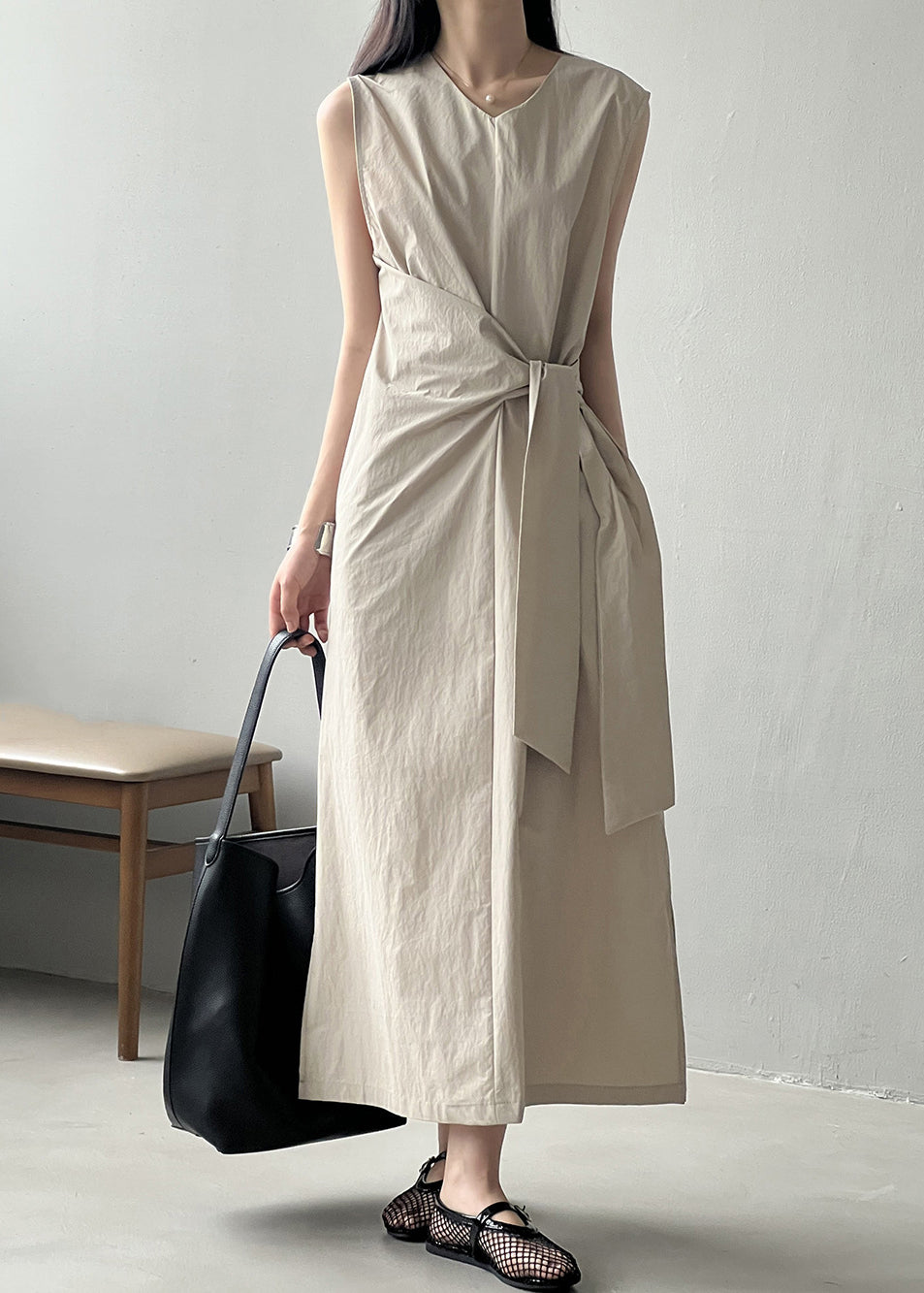 French Beige Side Open Pockets Cotton Long Dresses Sleeveless MZF-SDL250315