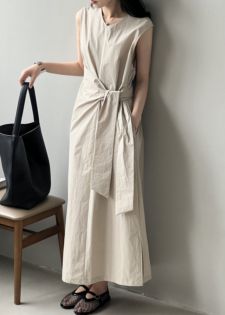 French Beige Side Open Pockets Cotton Long Dresses Sleeveless MZF-SDL250315