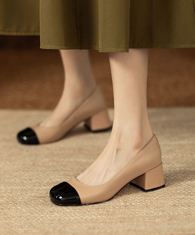 French Beige Splicing Chunky Heel Loafers For Women QK050 shoe-GGX241013