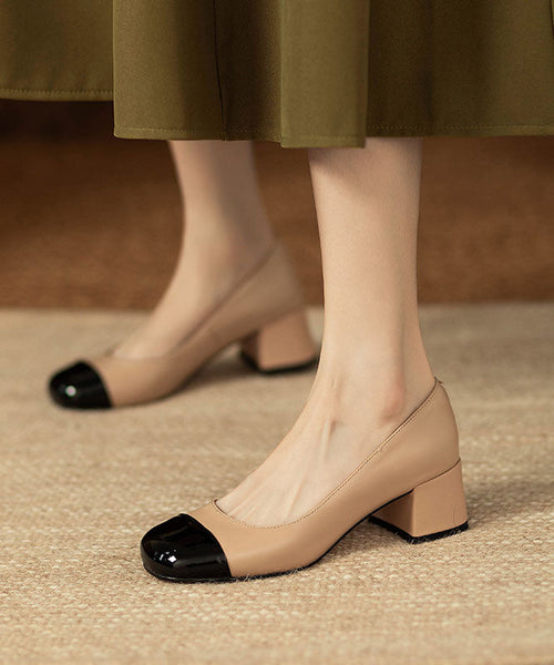 French Beige Splicing Chunky Heel Loafers For Women QK050 shoe-GGX241013