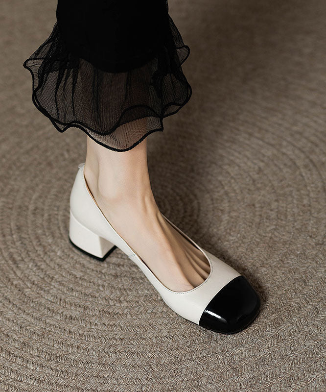 French Beige Splicing Chunky Heel Loafers For Women QK050 shoe-GGX241013