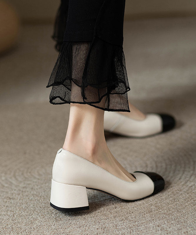 French Beige Splicing Chunky Heel Loafers For Women QK050 shoe-GGX241013