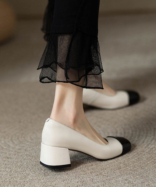 French Beige Splicing Chunky Heel Loafers For Women QK050 shoe-GGX241013