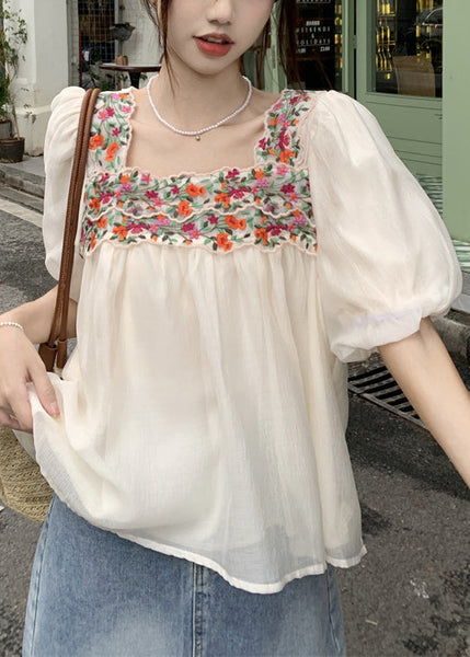 French Beige Square Collar Embroidered Shirts Puff Sleeve OP1046 Ada Fashion