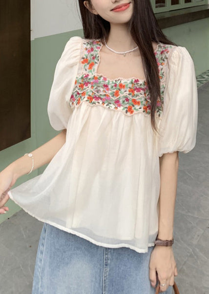 French Beige Square Collar Embroidered Shirts Puff Sleeve OP1046 Ada Fashion