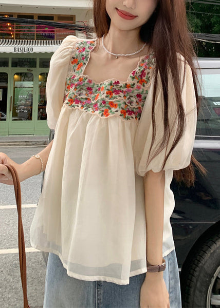 French Beige Square Collar Embroidered Shirts Puff Sleeve OP1046 Ada Fashion