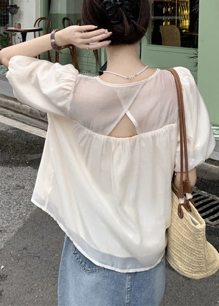 French Beige Square Collar Embroidered Shirts Puff Sleeve OP1046 Ada Fashion