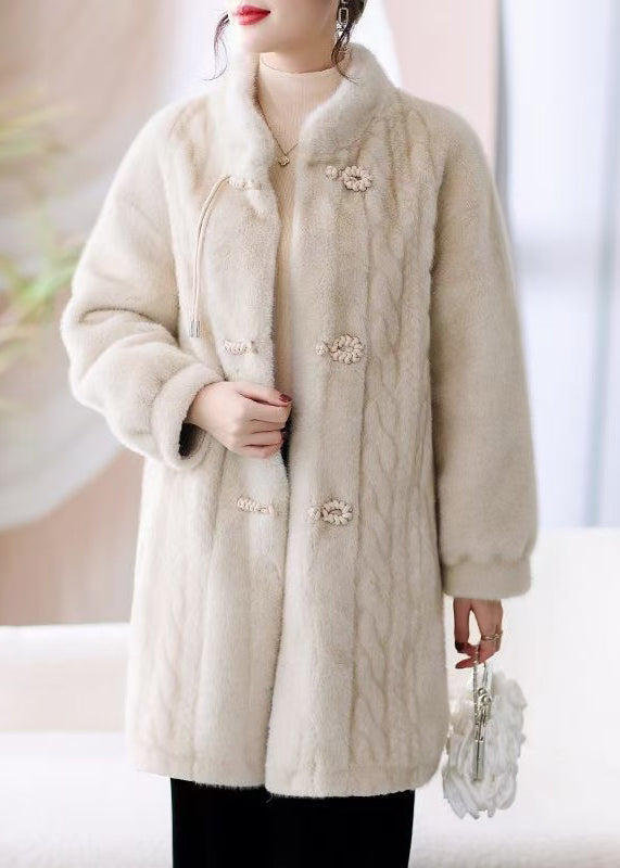 French Beige Stand Collar Button Pockets Mink Hair Coat Winter RZ008 ABC