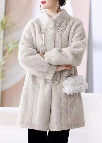 French Beige Stand Collar Button Pockets Mink Hair Coat Winter RZ008 ABC