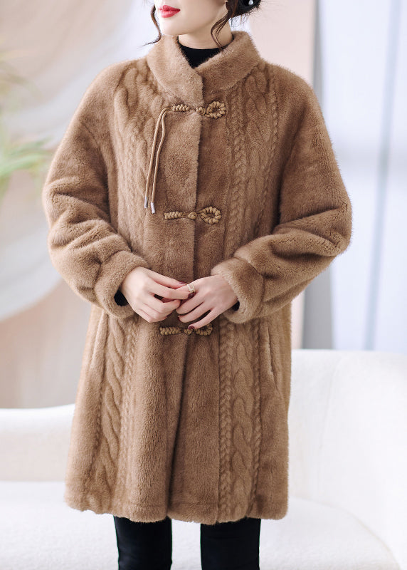 French Beige Stand Collar Button Pockets Mink Hair Coat Winter RZ008 ABC