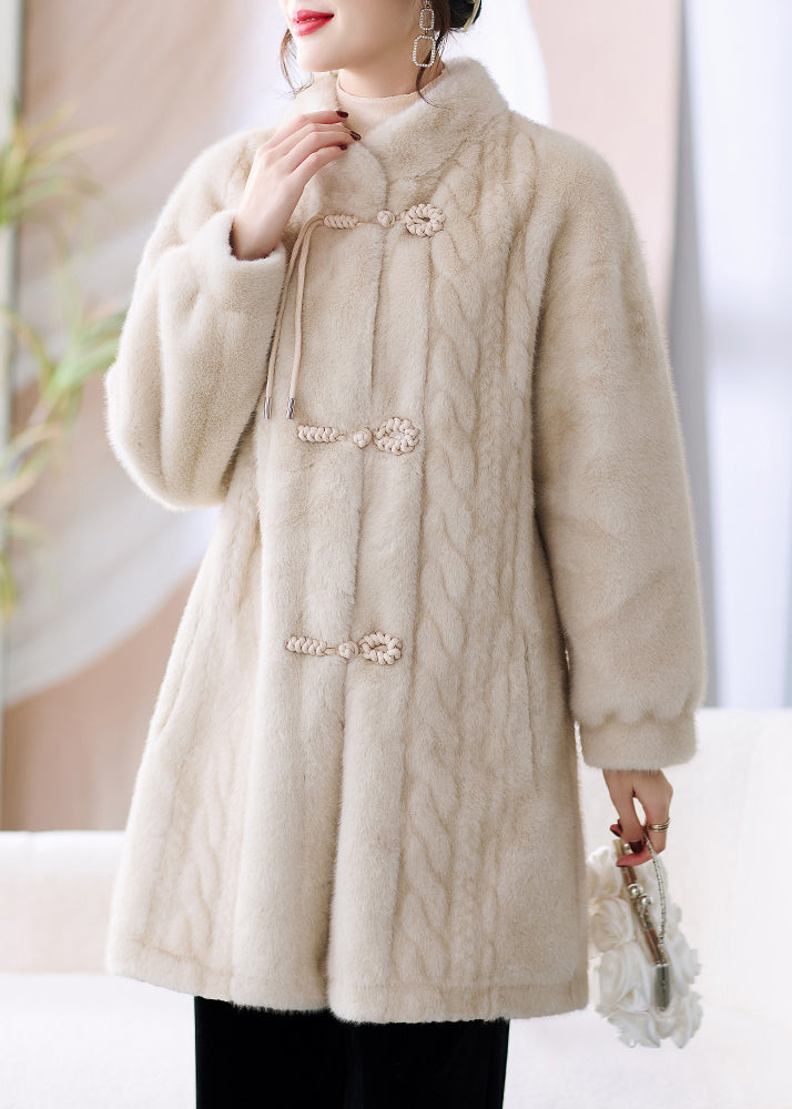 French Beige Stand Collar Button Pockets Mink Hair Coat Winter RZ008 ABC