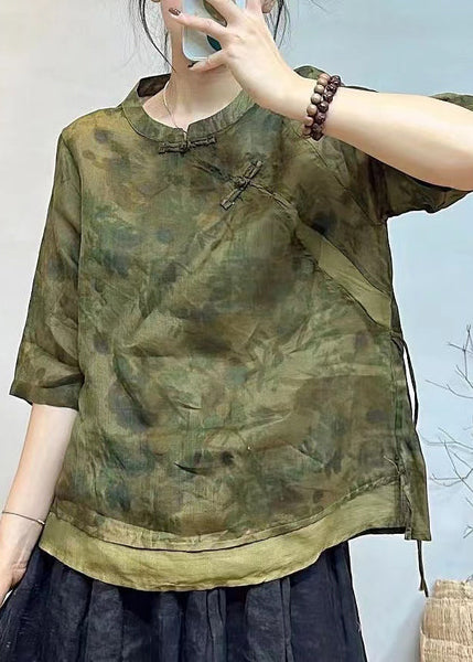 French Beige Stand Collar Button Print Linen Shirt Half Sleeve GG014 MZF-HTP240610