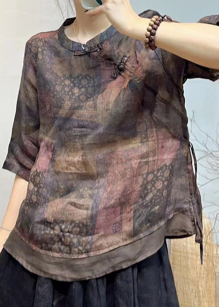 French Beige Stand Collar Button Print Linen Shirt Half Sleeve GG014 MZF-HTP240610