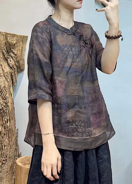 French Beige Stand Collar Button Print Linen Shirt Half Sleeve GG014 MZF-HTP240610