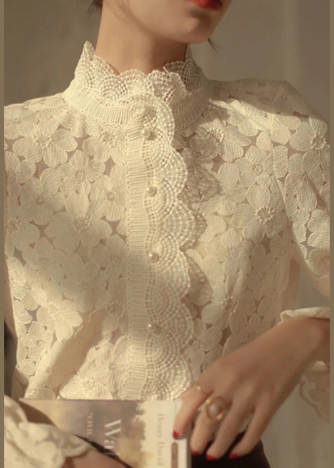 French Beige Stand Collar Lace Warm Fleece Top Long Sleeve TU045