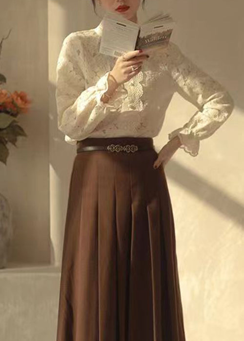 French Beige Stand Collar Lace Warm Fleece Top Long Sleeve TU045