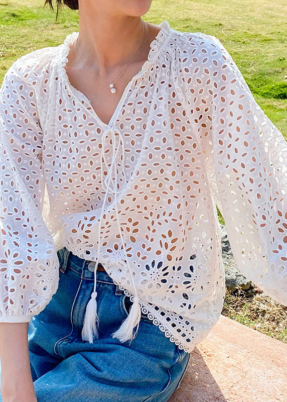 Spring Beige V Cotton French Neck Out Shirt Hollow FashionChic