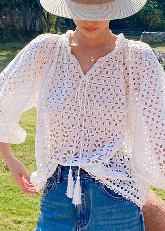 Spring Beige V Cotton French Neck Out Shirt Hollow FashionChic