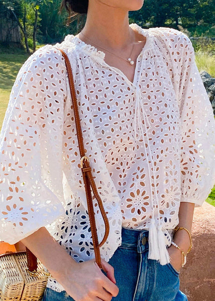 Spring Beige V Cotton French Neck Out Shirt Hollow FashionChic