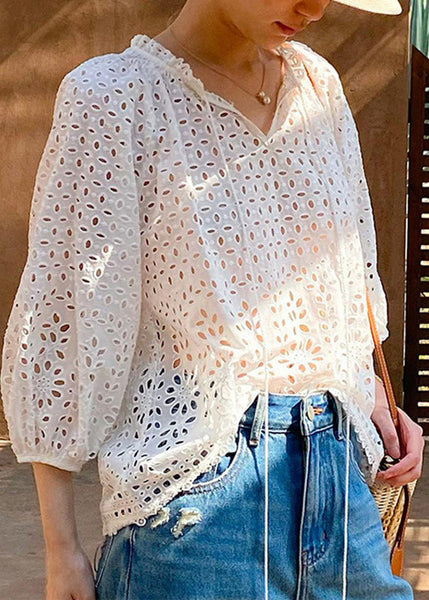 Spring Beige V Cotton French Neck Out Shirt Hollow FashionChic