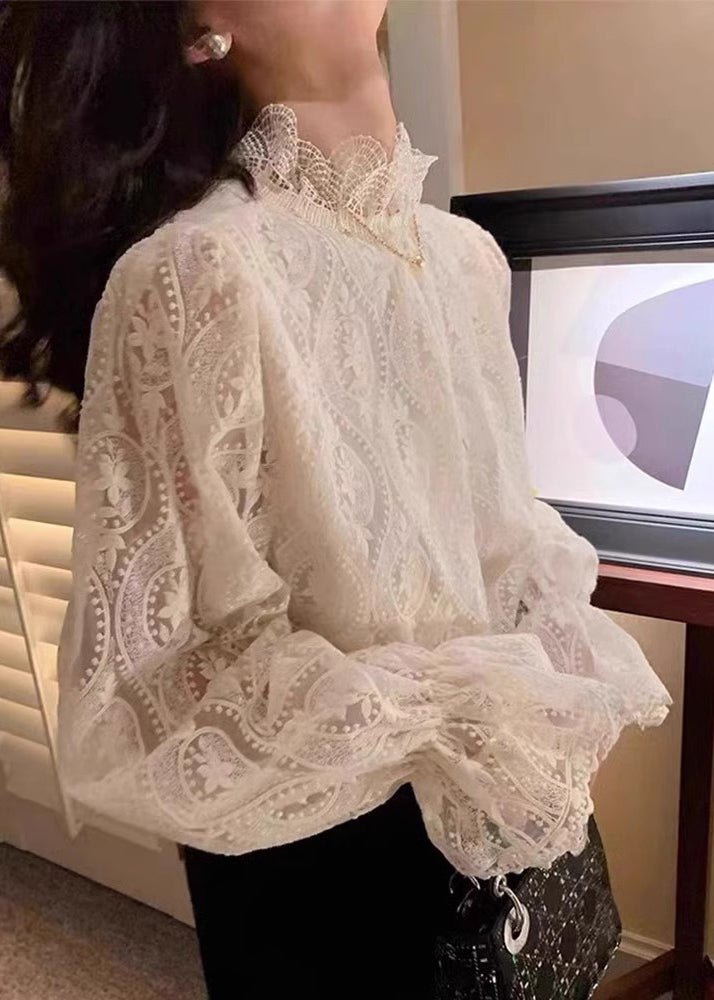 French Beige Warm Fleece Hollow Out Lace Top Petal Sleeve TA004