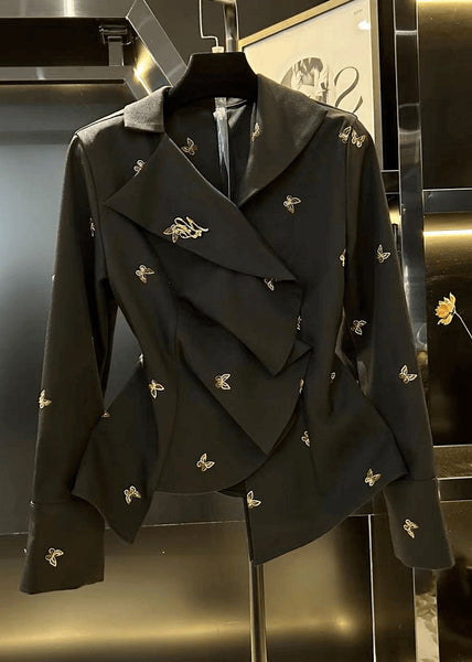 French Black Asymmetrical Butterfly Spandex Shirt Fall RK023 ABC