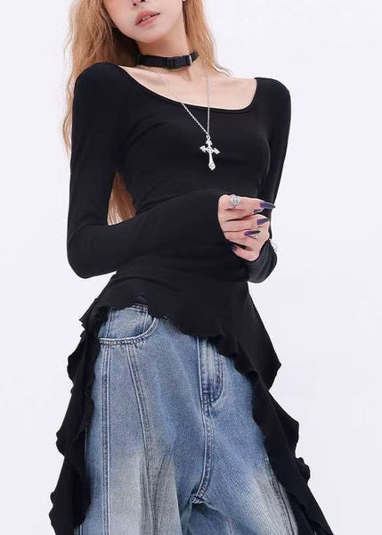 French Black Asymmetrical Cotton One Shoulder Tops Spring YF021 ABC