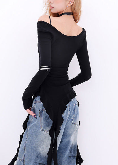 French Black Asymmetrical Cotton One Shoulder Tops Spring YF021 ABC
